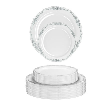 Crown Display Victorian Design Fancy Plastic Plates Set 40 Large Dinner Plates - 40 Salad/Dessert Plates - White/Silver