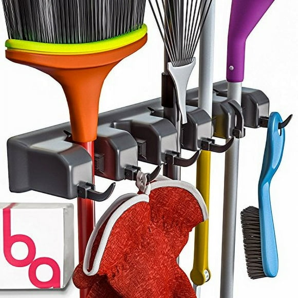 Berry Ave Broom Holder & Wall Mount Garden Tool Organizer - Home Laundry Room Kitchen Closet Shed Garage Organization and Storage Utility Rack - 5 Slots & 6 Hooks -Rake Shovel Mop Hanger (Black)