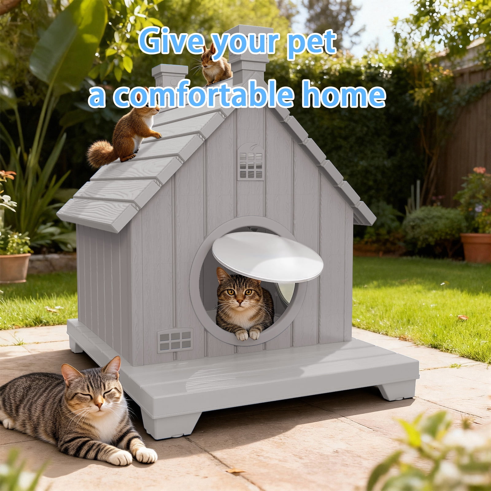 Joxxoaa Outdoor resin weatherproof cat house,ventilated and insulated for Cats,Kittens, Puppies,washable,easy to assemble,scratch and bite-resistant,non-stick to hair (gray)