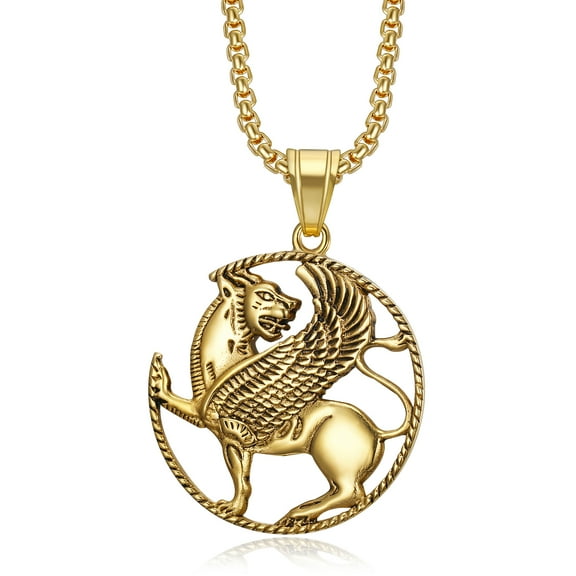 NEGS 18K Gold Plated Saint Mark Lion With Wings Pendant 24'' Chain Lion of Venice Jesus Christ Prayer Stainless Steel Necklace for Men Women