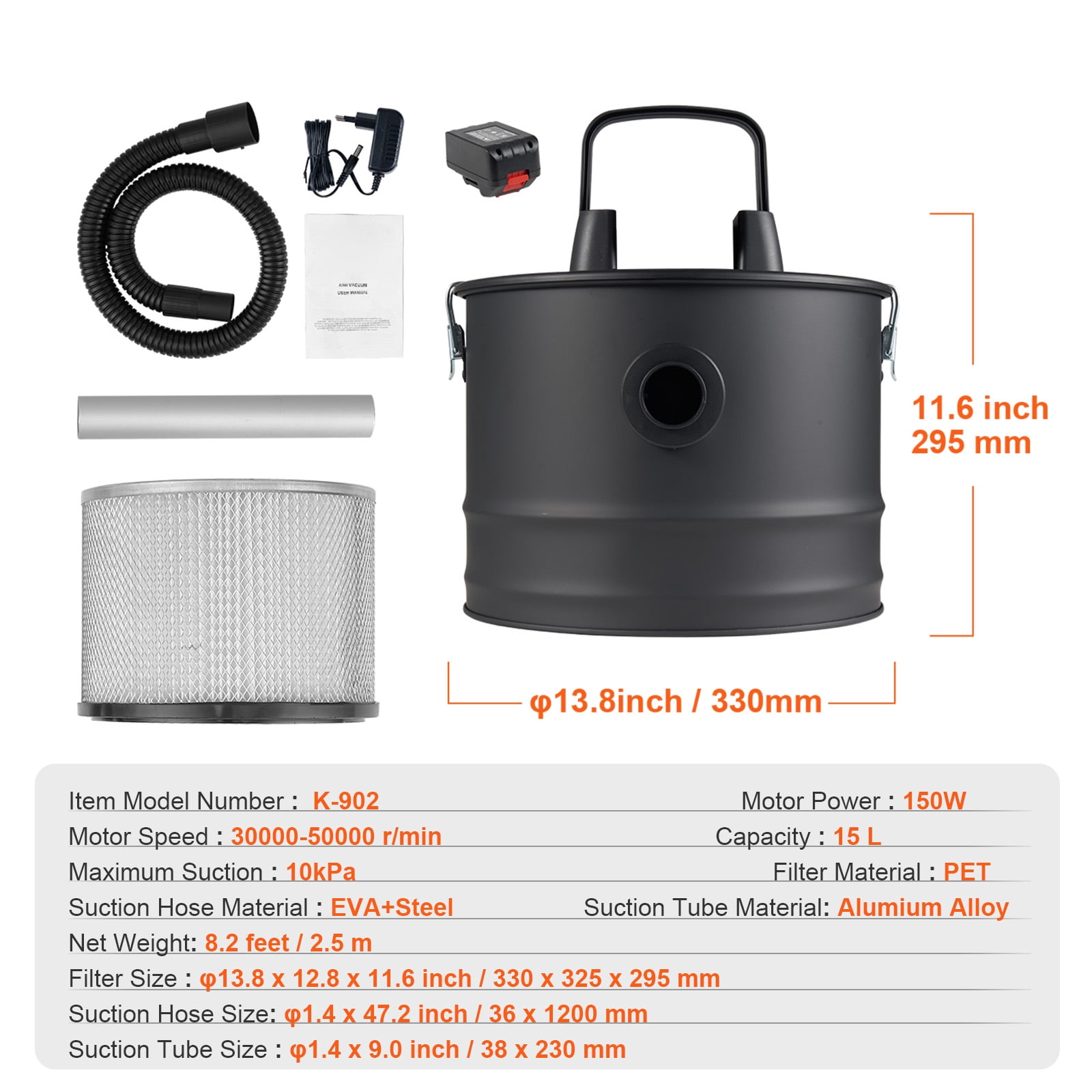 KFFKFF Ash Vacuum, 15L, Strong Suction, Reversible Airflow, 5.9 ft Cord, 10 Kpa Vacuum Power, Ideal for Fireplaces, Pellet & Wood Stoves, Black