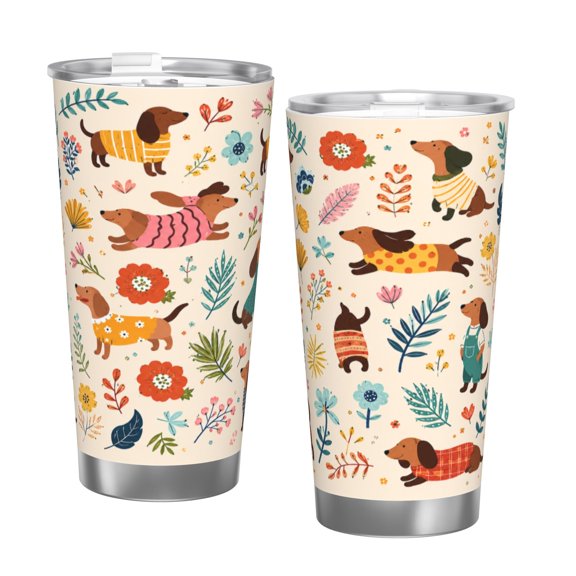 20oz Cute Dachshund Floral Car Tumbler Insulated Travel Cup with Handle and Straw Lid Gift with Single Silver Rim