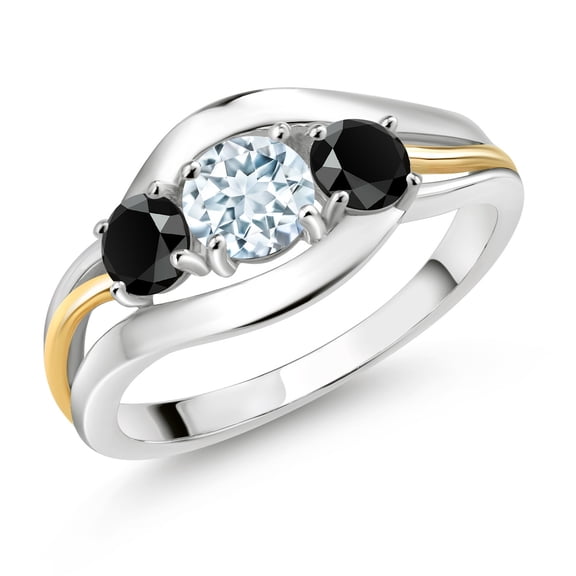 Gem Stone King 925 Sterling Silver and 10K Yellow Gold Round Sky Blue Aquamarine and Black Onyx 3 Stone Ring for Women (0.94 Cttw, Size 7)
