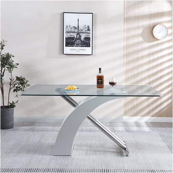 JERFIT Modern Rectangular Dining Table with Tempered Glass Top and Chrome Base for 4, Kitchen Room Table with MDF Panel, Silver and White Finish