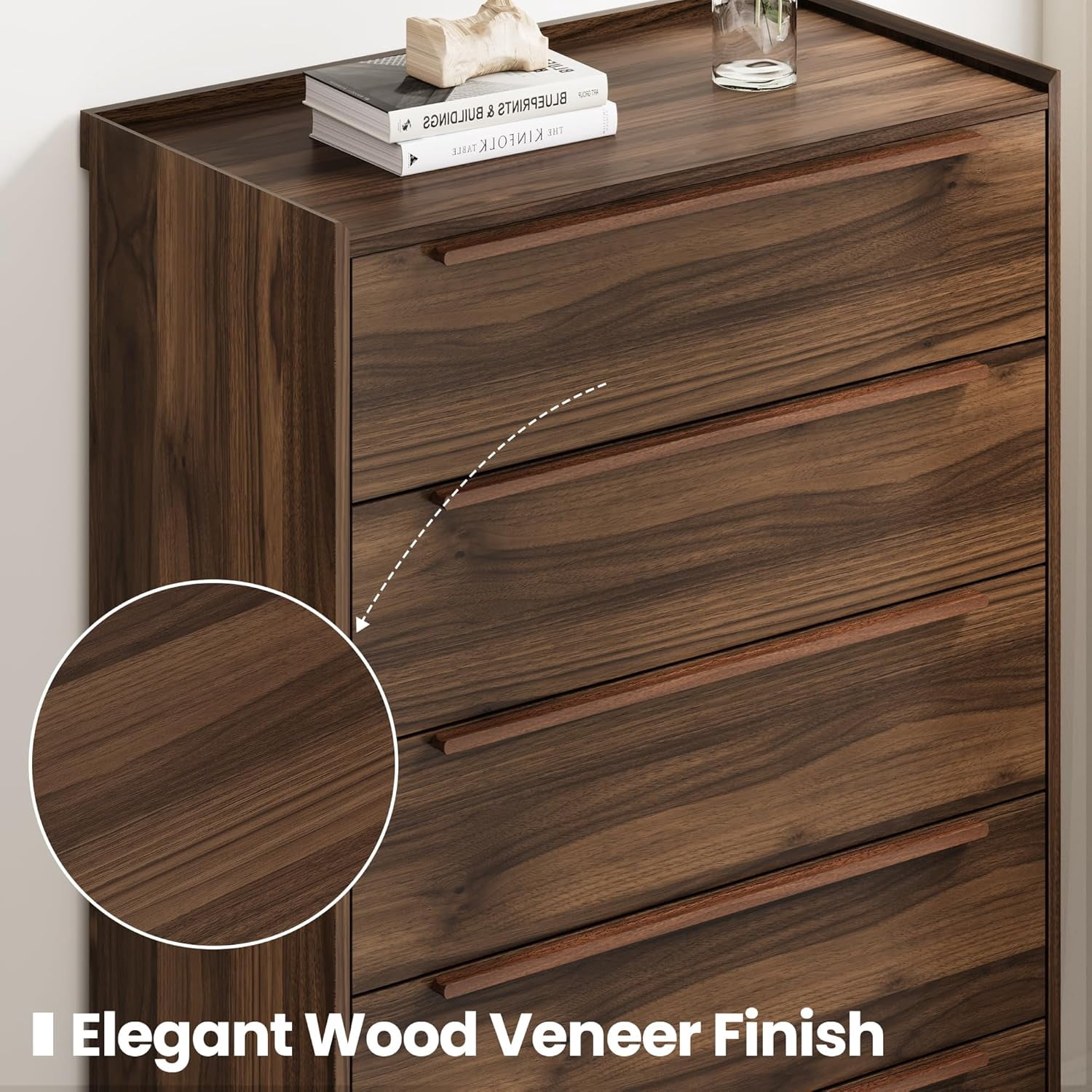32" Wide Walnut 5 Drawer Dresser, 48" Tall Mid-Century Modern Chest of Drawers for Bedroom, Slim Vertical Wood Grain Storage Cabinet with Raised Edge & Anti-Tip Kit