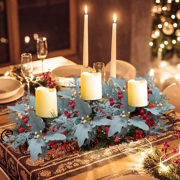 Upgraded Christmas Artificial Poinsettia Pinecone Candle Rings Wreaths,Winter Table Centerpiece Decor with Red Berry,Greenery Leaves,Farmhouse Wreath for Door Wall Window Decor D