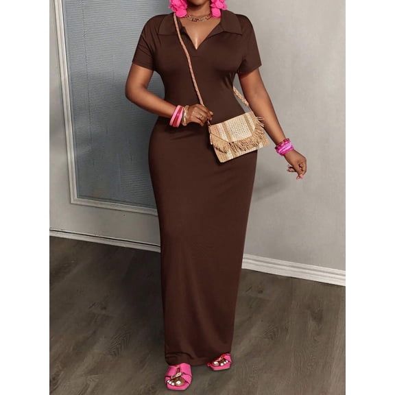 Brown Women Plus Size Polo Collar Short Sleeve Maxi Dress Fitted Stretch Casual Summer Daily Dress