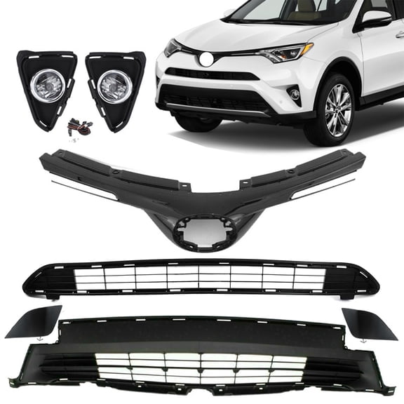 Front Upper Lower Grille Foglights Towing Cover Set For 2016-2018 17 Toyota RAV4