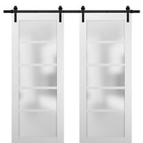 Sliding Double Barn Doors 84 x 96 with Hardware | Quadro 4002 White Silk with Frosted Opaque Glass | Top Mount 14FT Rail Sturdy Set | Kitchen Lite Wooden Solid Panel Interior Bedroom Bathroom Door