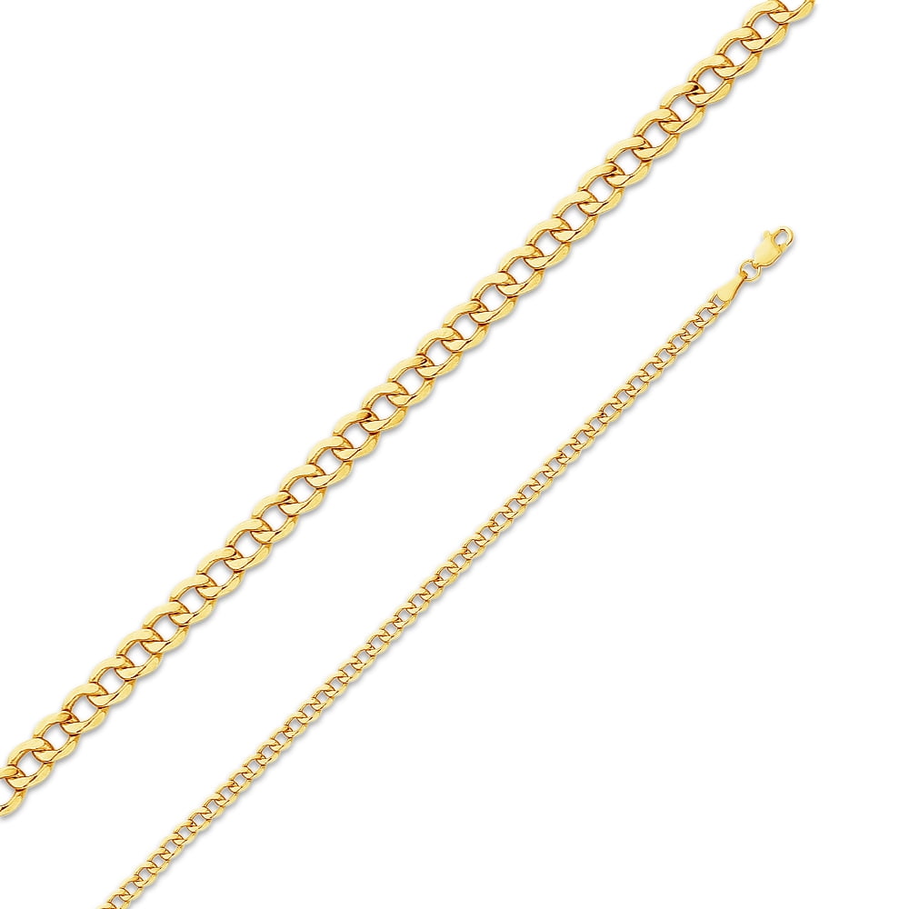 Jewel Tie Solid 14K Yellow Gold Solid 3.2mm Cuban Concaved Curb Necklace Chain with Secure Lobster Clasp