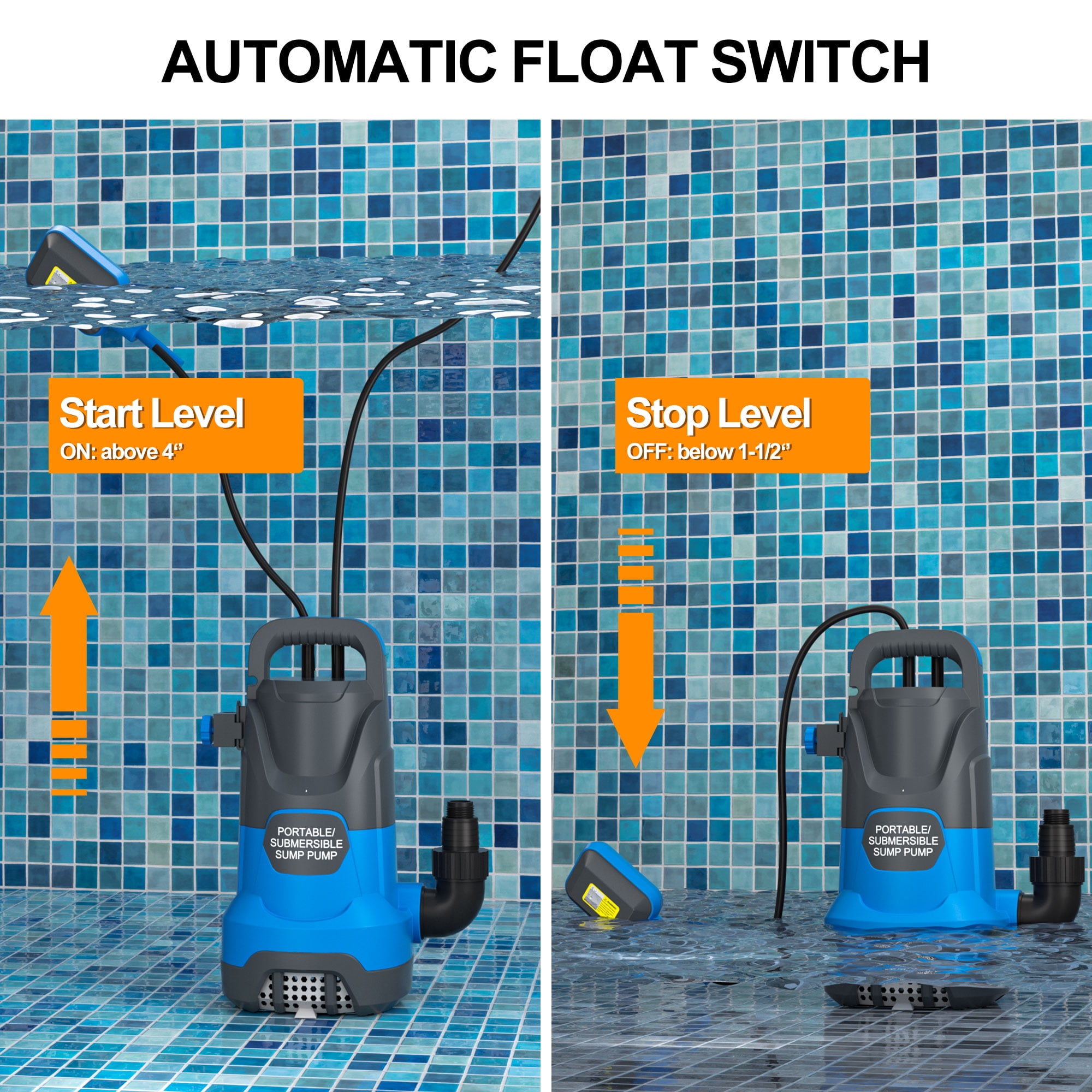 Sump Pump Submersible Water Pump 1HP 3700GPH with Float Switch Portable Water Transfer Pump Electric for Pool Draining Hot Tub Basement Utility Pumps