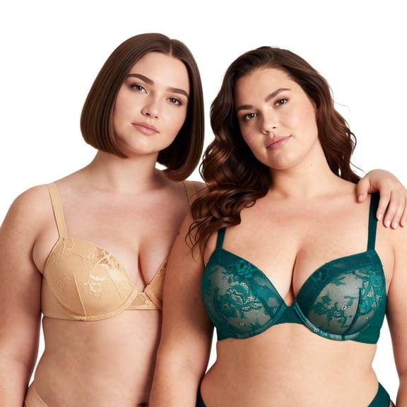 Curve Muse Women's Plus Size Add 1 and a half Cup Push Up Underwire Lace Bras -2PK-Dk Green,Nude-32B