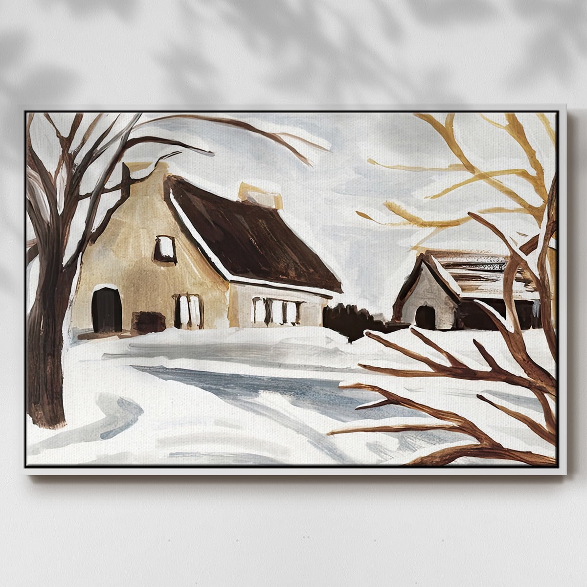 Winter Cottage II - Framed Gallery Wrapped Holiday Canvas - 25 x 37 - White Frame