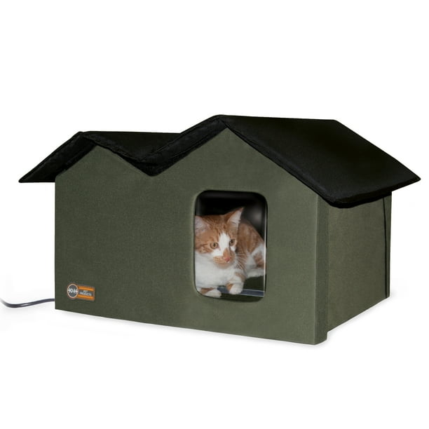 K&H Pet Products Outdoor Heated Kitty House ExtraWide Olive/Black 26.5