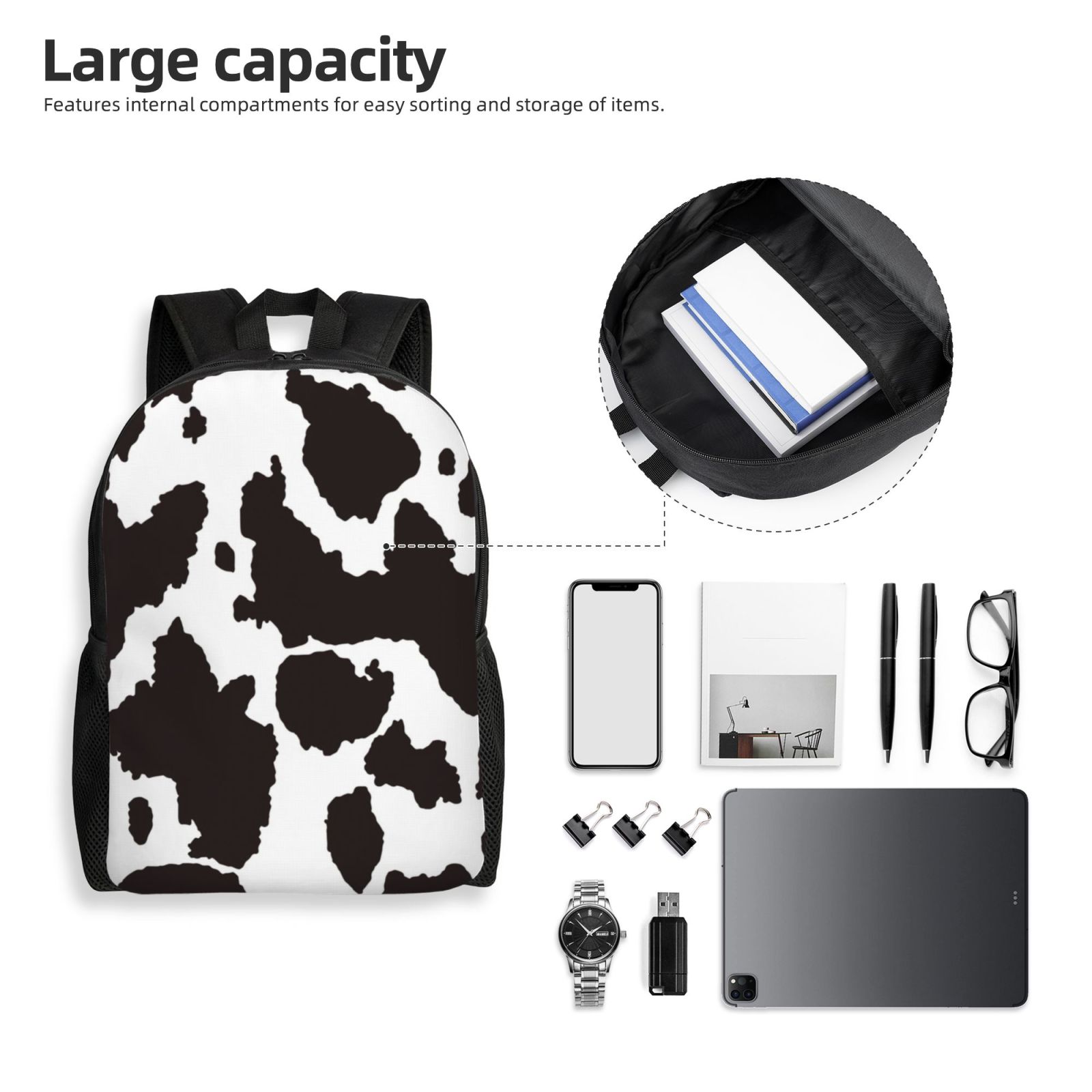 Defioc Cow Skin 2 Print Backpack -Travel,or Work Bookbag Daypacks with 15-Inch Laptop Sleeve and Dual Water Bottle Pockets