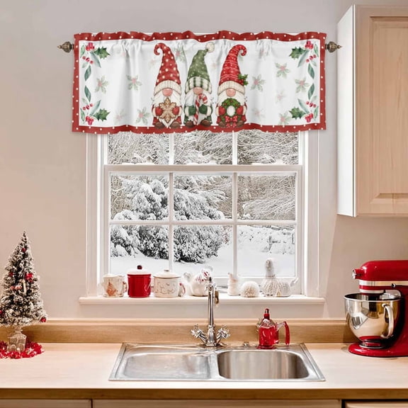 Kitchen Valances for Window, Christmas Three Gnomes Light Filtering Rod Pocket Valance Curtain, Winter Season Festive Celebration Short Curtains Window Topper for Bedroom 42x12in