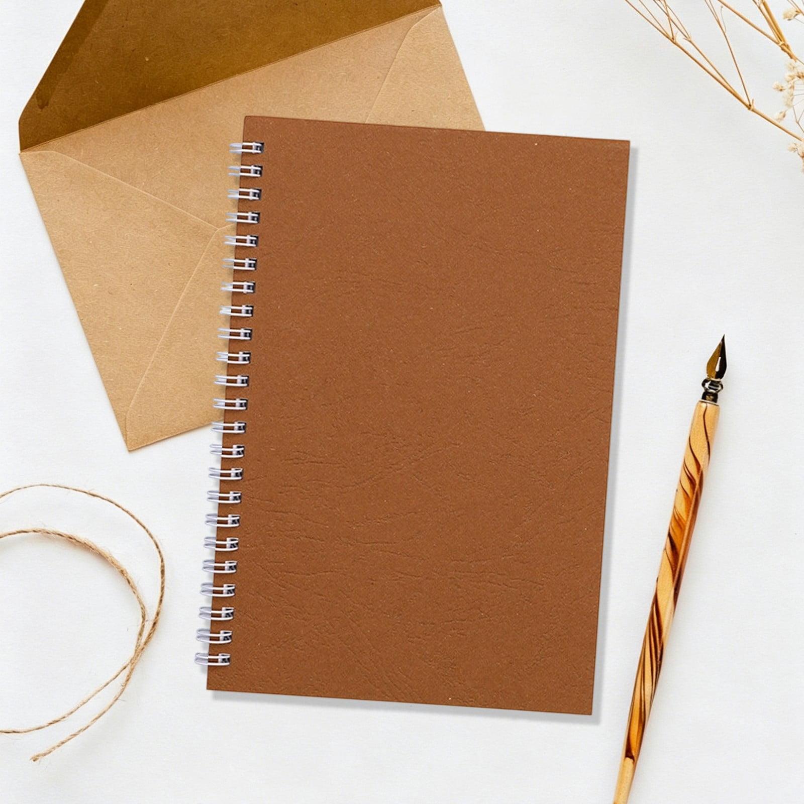 VKLU Brown A5 Spiral Notebook, Professional Leather Texture Cardboard Cover, Reinforced Wirebound Note Taking Book for Executive Planning Use