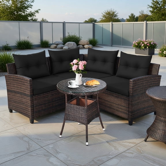 Topcobe 4 Pieces Outdoor Cushioned Rattan Furniture Set, Modern Patio Furniture Set-Black