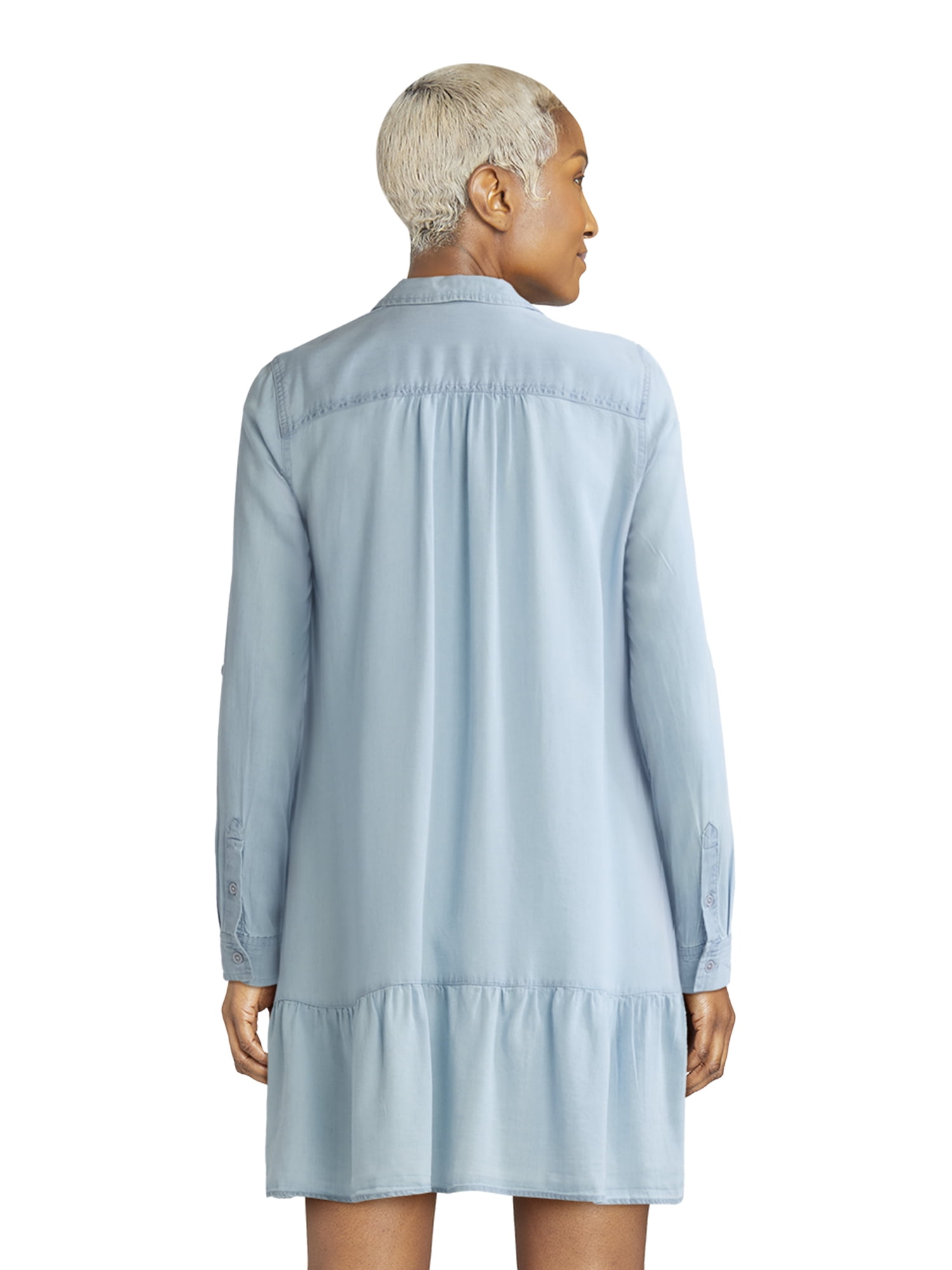 Time and Tru Women's and Women’s Plus Tiered Mini Shirtdress with Long Sleeves, Sizes XS-3XL