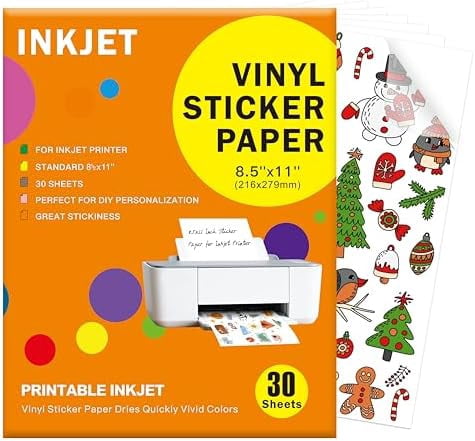 30 Sheets Premium Printable Vinyl Sticker Paper Clear - 8.5x11" for Inkjet Printers, Waterproof Tear Resistant, Dries Quickly, Vivid Colors, Easy to Cut for Cutting Machines, DIY Self-Adhesive Labels