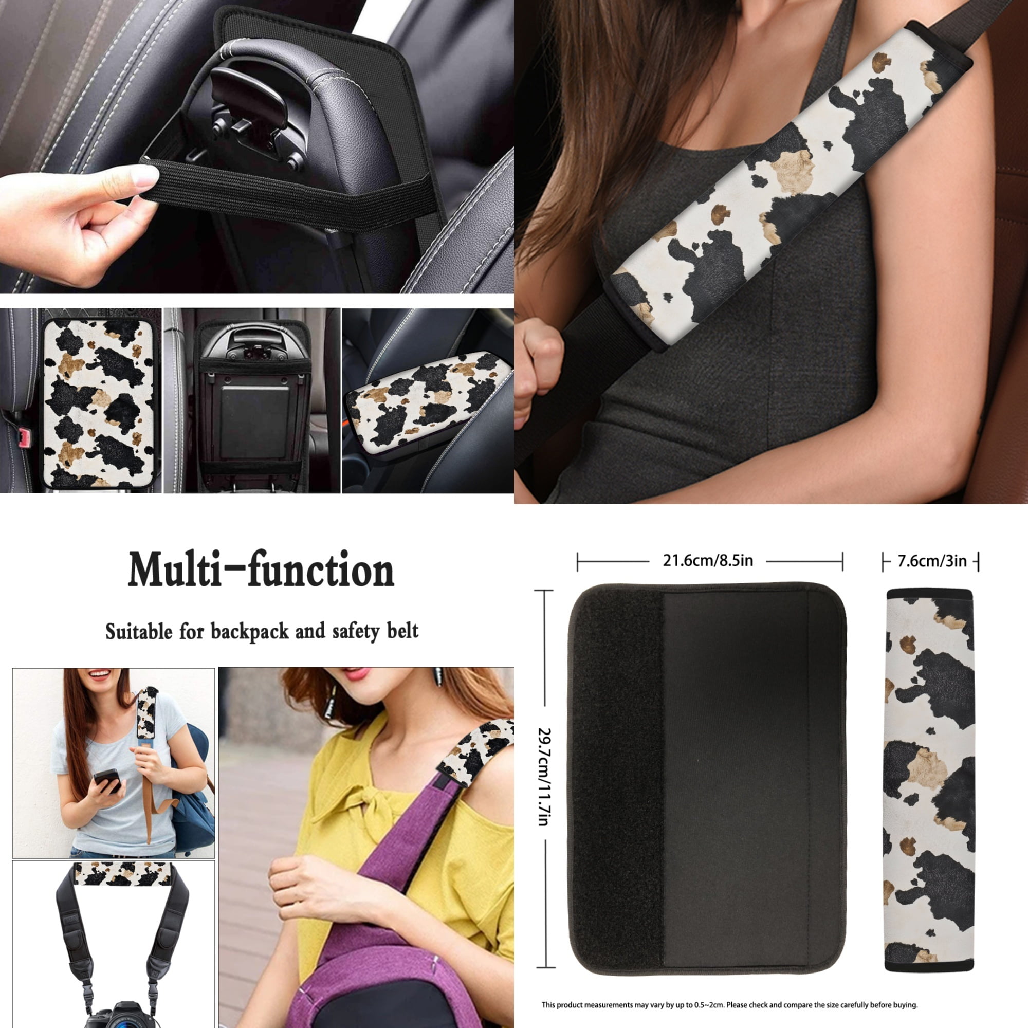 Jeiento Cow Print 13 Pack Car Seat Cover Set, Including Steering Wheel, Auto Seatbelt Pads, Cup Coasters, Armrest, Keychains, Chapstick Holder, Black Brown Car Accessory Interior Decor