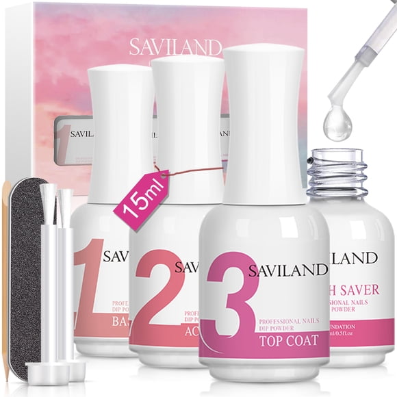 Saviland Dip Powder Liquid Set - Dip Powder Nail Kit With Dip Powder Activator, Base and Top Coat, Brush Saver and Nail File
