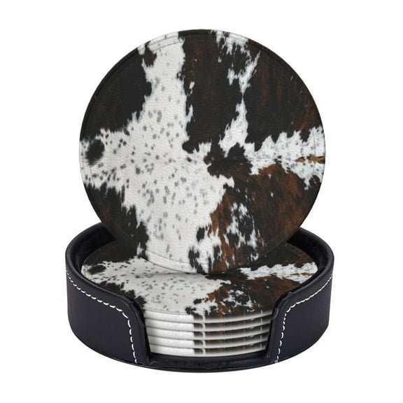 Cow Hide Coasters With Leather Holder Set Of 6 Round Coasters for Home and Kitchen Decor