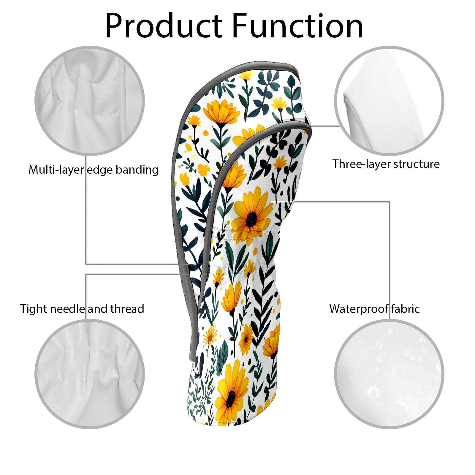 Golf Club Covers, Watercolor Yellow Flowers Premium PU Leather Driver Hybrid Putter Head Covers with Velvet Lining, Waterproof Golf Gifts for Men Women