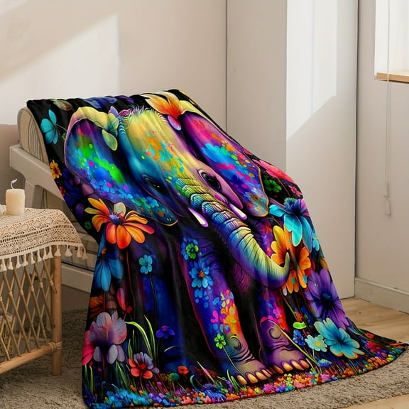 Cozy Elephant Print Flannel Throw Blanket - Soft, Warm & Reversible for Couch or Bed, Perfect Gift for Women and Youngsters