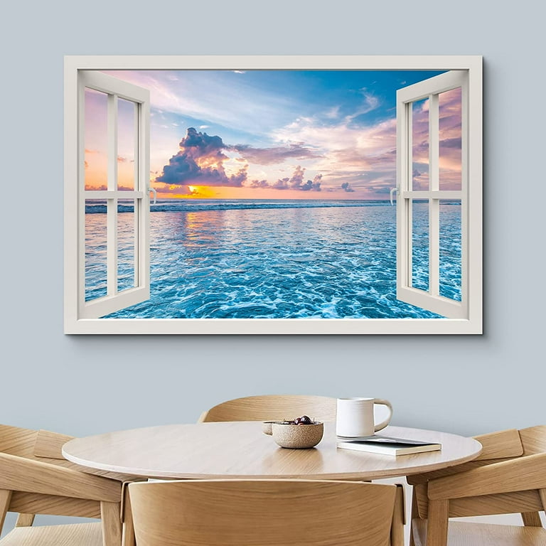 wall26 Canvas Print Wall Art Window View Sunset Sky Blue Ocean