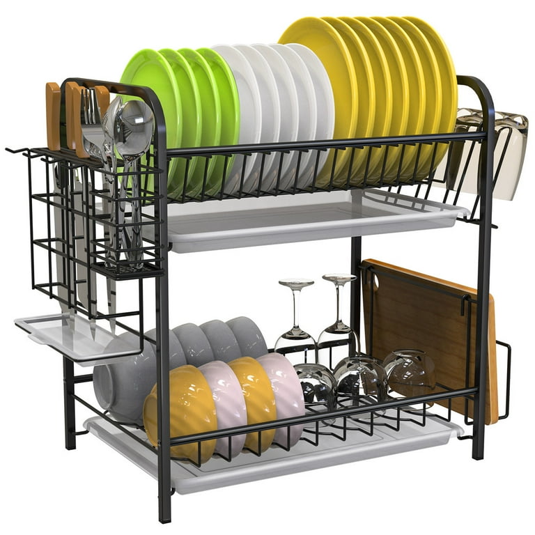 Auledio 2-Tier Dish Storage Rack with Dish Drainer Dryer Rack for Kitchen  Counter Top (Black) 