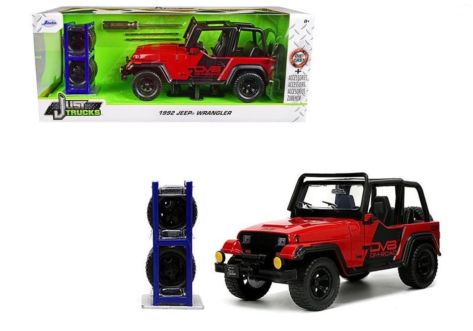 1992 Jeep Wrangler DV8 Off-Road with Extra Wheels, Red - Jada Toys 33851 -  1/24 scale Diecast Car 