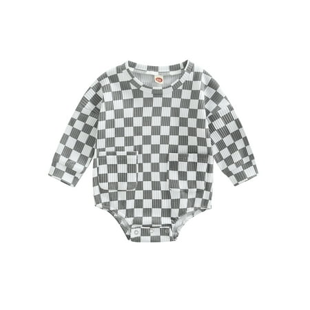 

Bagilaanoe Newborn Baby Boy Girl Romper Tops Casual Long Sleeve Checkerboard Print Bodysuit 6M 12M 18M 24M Infant Triangle Jumpsuits with Pockets