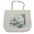 thumbnail image 1 of Landscape Shopping Bag, Boat on Calm River Trees Birds Twigs Sketch Drawing Clipart Water Minimalist, Eco-Friendly Reusable Bag for Groceries Beach and More, 15.5" X 14.5", Cream, by Ambesonne, 1 of 2