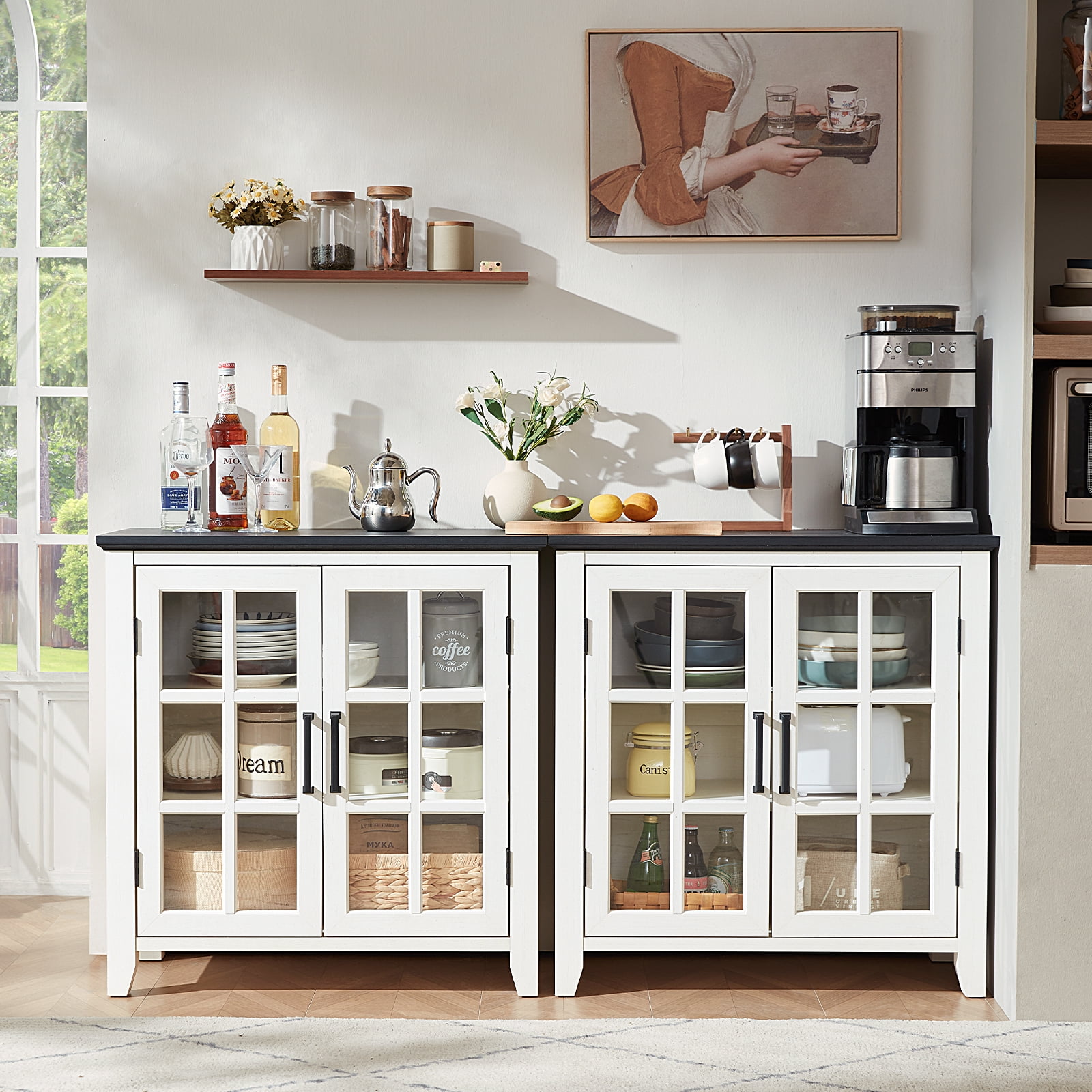 Joaxswe Sideboard Buffet Bar Cabinet Farmhouse 2 Glass Doors Coffee Wine White 32 Inch
