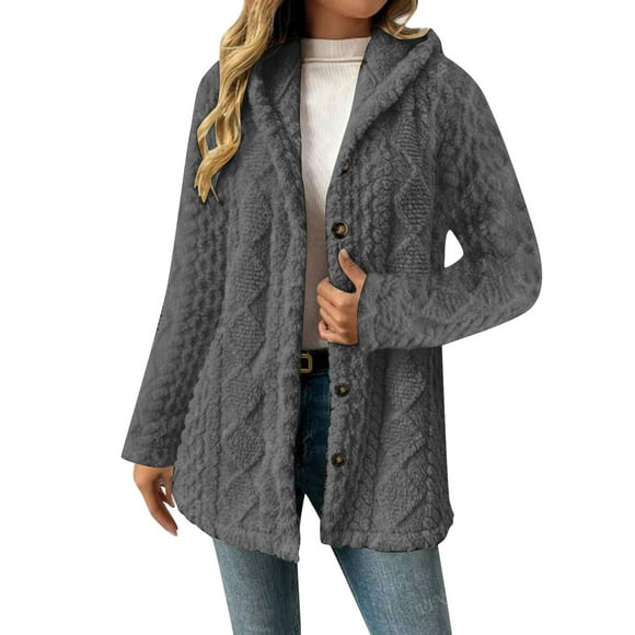 LMKIHUSA Fuzzy Winter Jacket for Women Thicken Thermal Cozy Hoodie Jacket Button Down Jacquard Knitted Outerwear with Pockets 2025 Gray,XXL