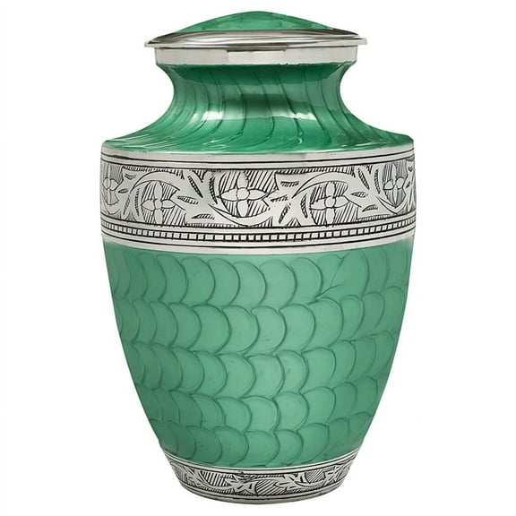 Ample Cremation Urn-Eternal Green Urn with Silver Leaf Finish (Size=11x7 IN)