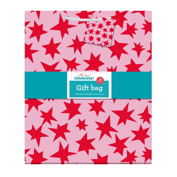 Large Pink and Red Stars Paper Gift Bags, 10" x 5" x 12", 2 Count, by Way To Celebrate