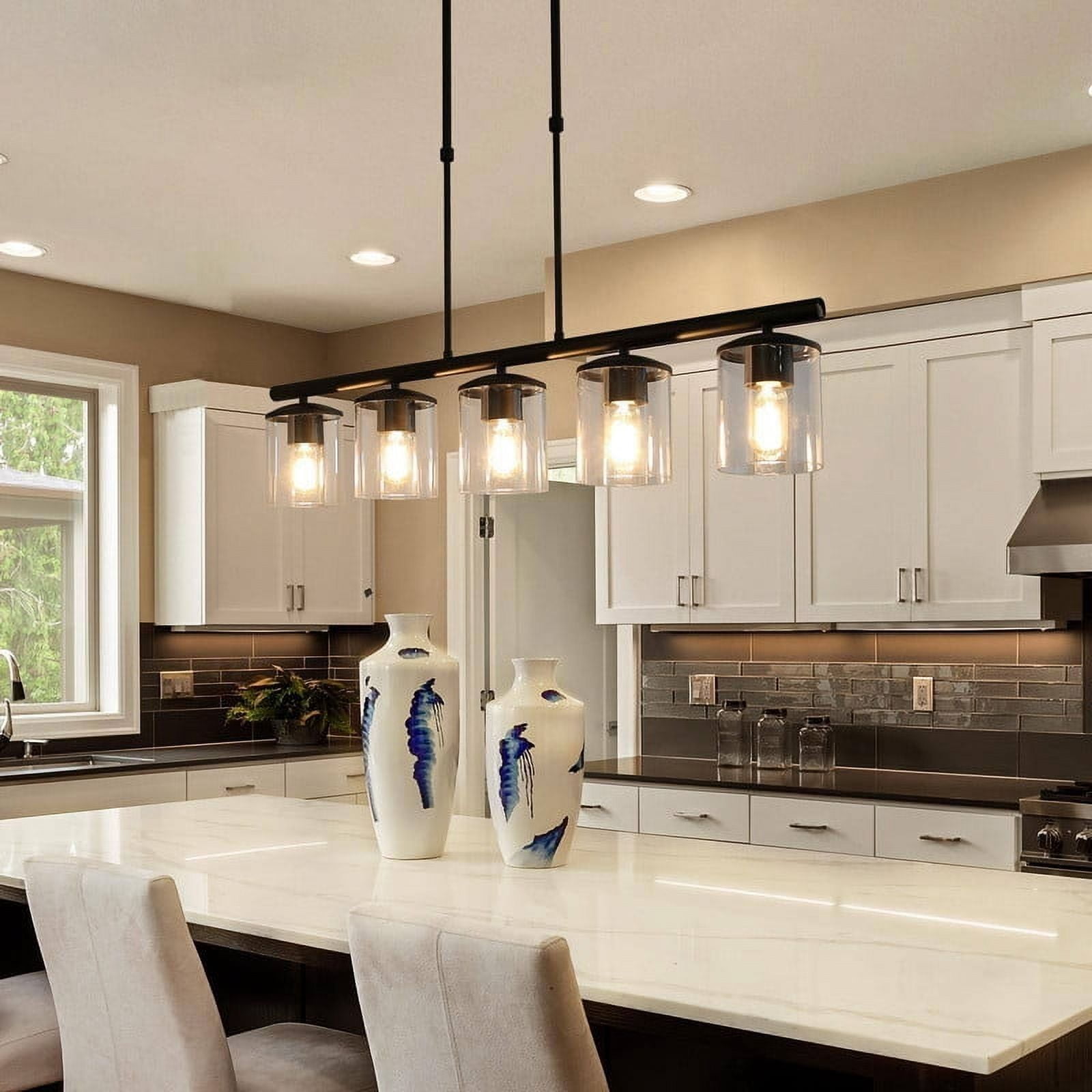 LNC Modern Black 5-Light Linear Kitchen Island Pendant with Clear Glass Shades