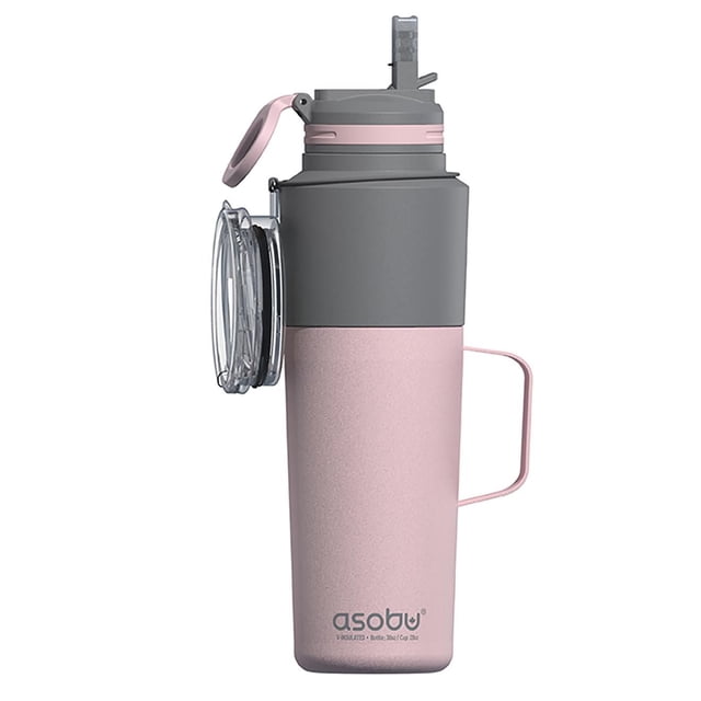 Asobu insulated pink and gray tumbler with handle, flip-top lid, and clear side cap