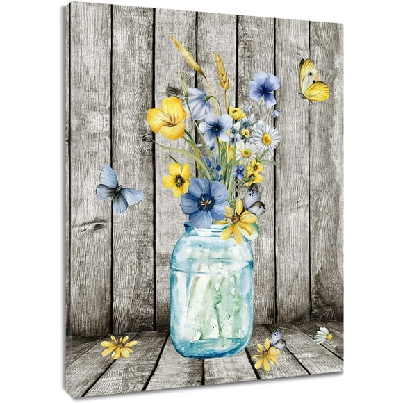 Blue and Yellow Floral Wall Art for Living Room,Blue Flower in Vase and Butterfly on Farmhouse Wood Canvas Wall Art Country Wildflower Framed Wall Art for Bathroom Bedroom Decor, 12X16 inches