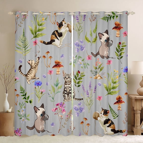 jejeloiu Gray Watercolor Cat Black Out Curtains For Kids,Cute Floral Kitten Curtains Pack of 2 (42x63 Each) For Girl