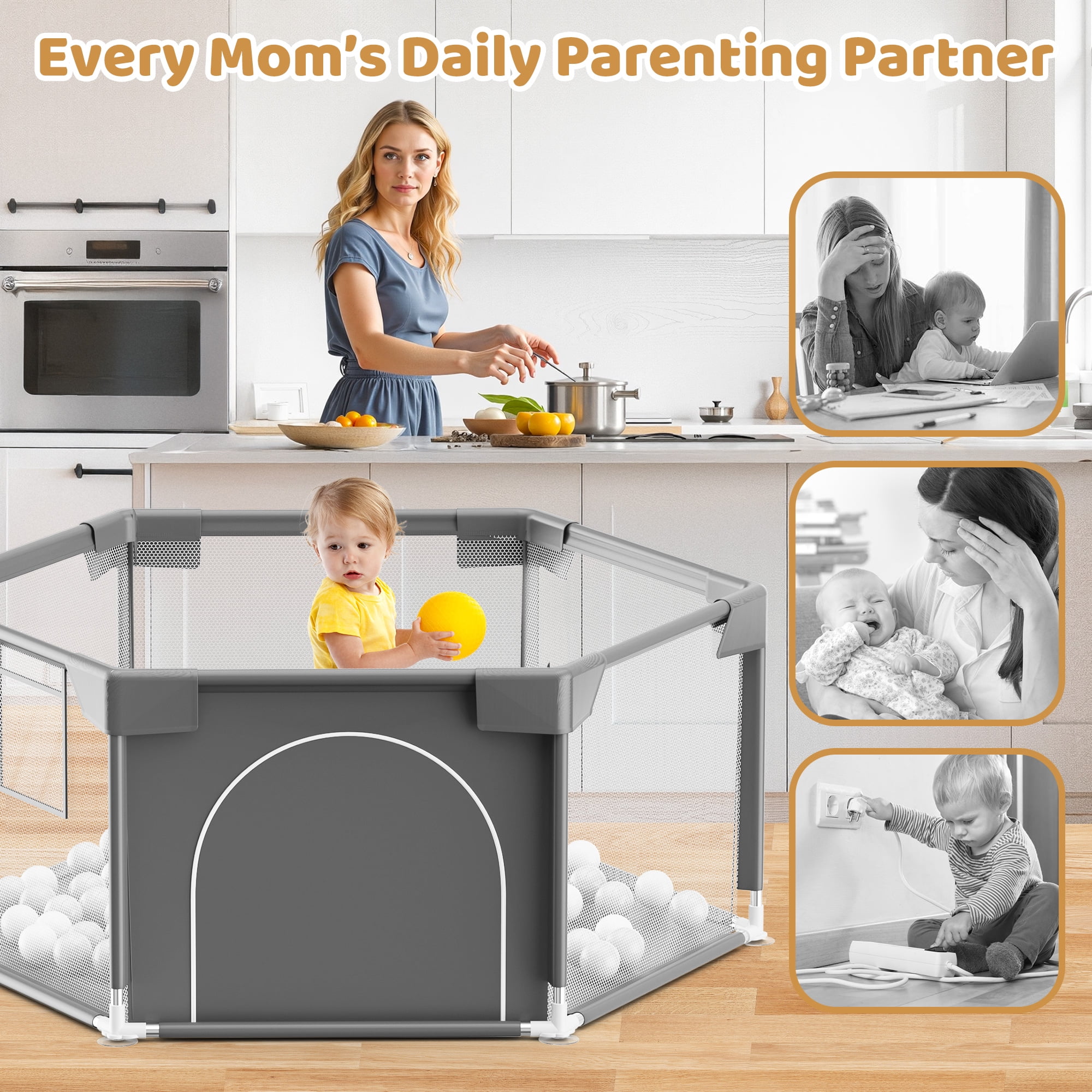 babyeap 50 Inch Baby Playpen,Fence Baby Play Yard for Indoors Outdoors,Hexagonal Toddler Playpen,Dark Gray