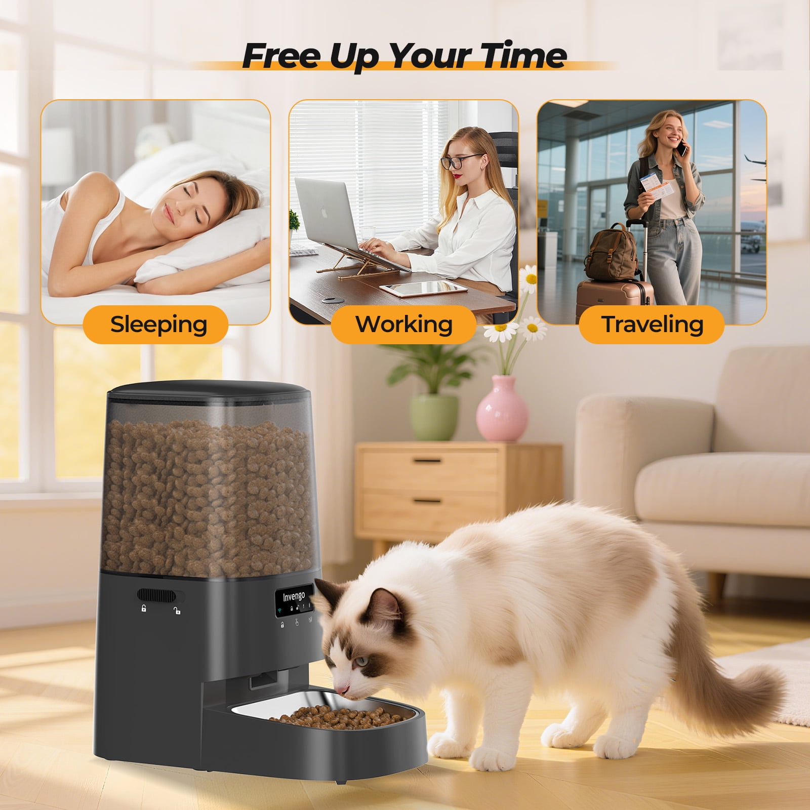 Automatic Cat Feeder, 5L Smart Dry Food Dispenser with 5G/2.4G WiFi App Control, Programmable Portions, Dual Stainless Steel Bowls, Ideal for Multi-Pet Households, Black
