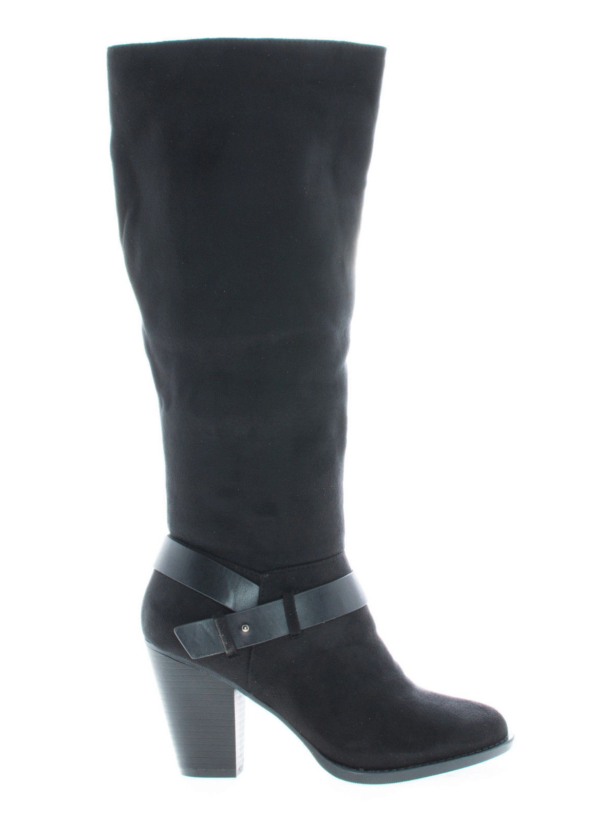 cross strap block heel knee high boots