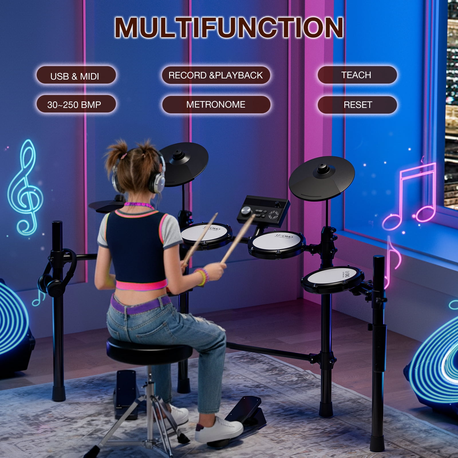UMOMO UMD-771 Electric Drum Set, Electronic Drum Set With Mesh Electric Drum Pads, 225 Sounds, Drum Sticks, Headphones & Audio Cables, Stable Steel Frame, 15 Drum Kits, for Beginner, White & Black