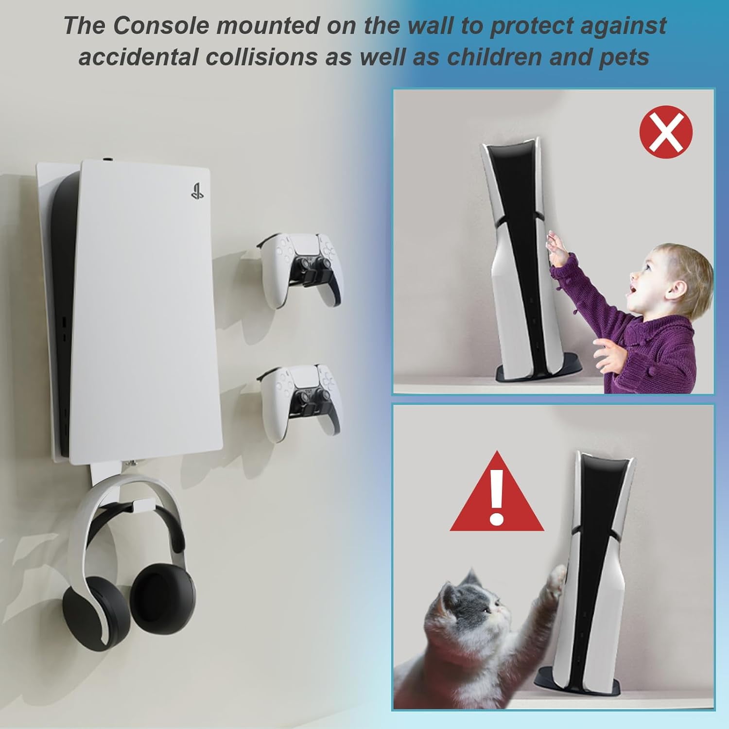 PS5 Wall Mount, Heavy-Duty Steel Mount Kit for Protection & Cooling with 2 Controller Holder and Headset Holder,Compatible with All PS5 Models Including Slim, Pro, Original, White