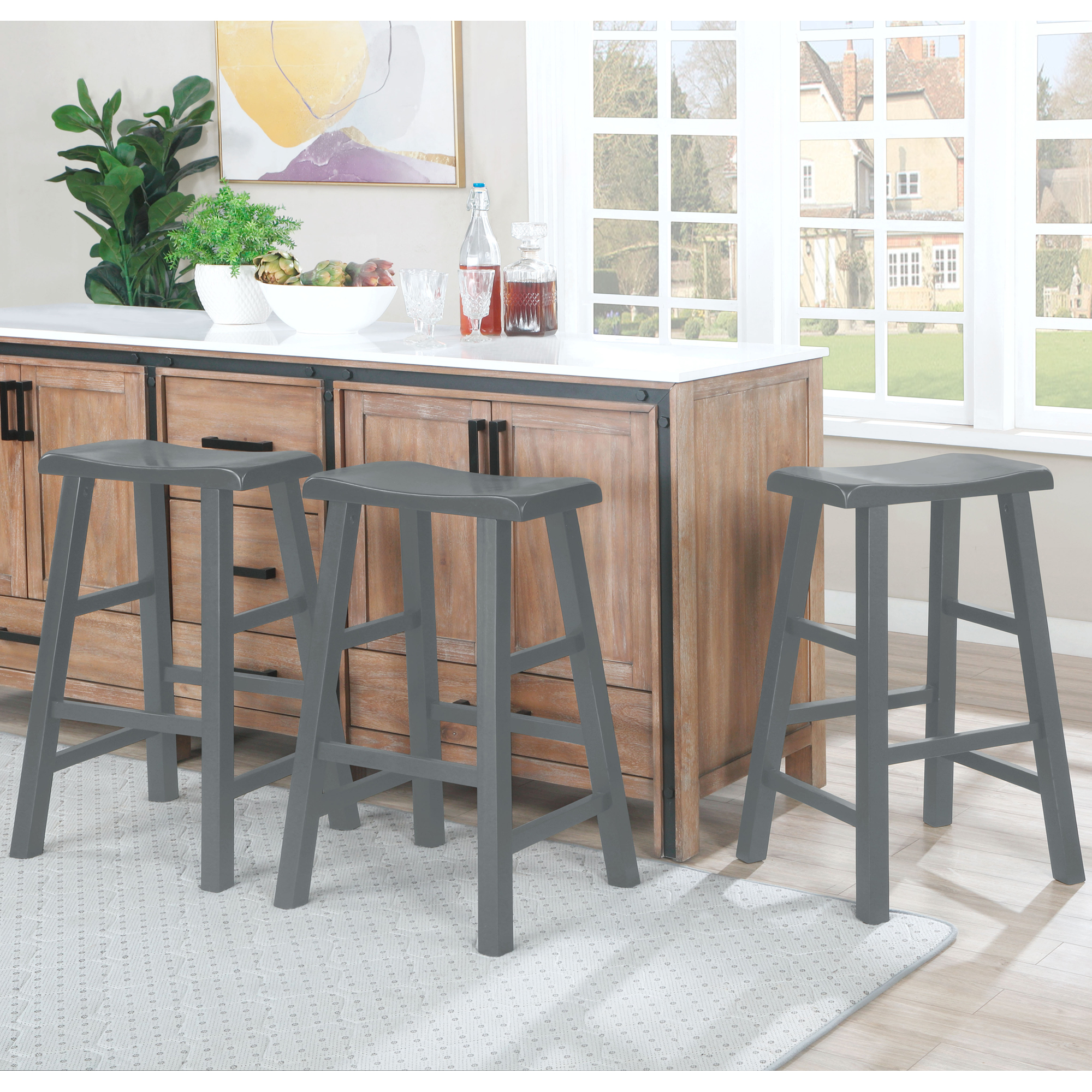 eHemco Heavy-Duty Solid Wood Saddle Seat Kitchen Counter Height Barstools, 29 Inches, Gray, Set of 3 - image 2 of 5