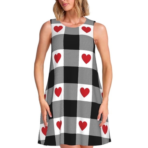 Easygdp Heart Black Buffalo Plaid Gingham para Vestido Transpirable de Mujer, Vestido Suelto de Manga Corta con Pliegues y Bolsillos para el Verano
