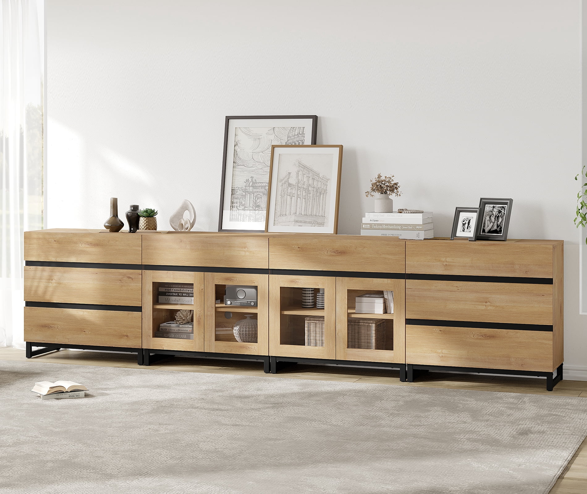 Modern Dresser with Tempered Glass Doors, 8 Drawers Storage Chest with Adjustable Shelves, 4 In 1 Household Closet Organizer for Bedroom Living Room,Oak